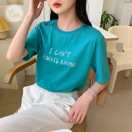 yoe短袖t恤女22夏季新款胸前字母印花湖蓝色上衣女百搭休闲韩版潮图片