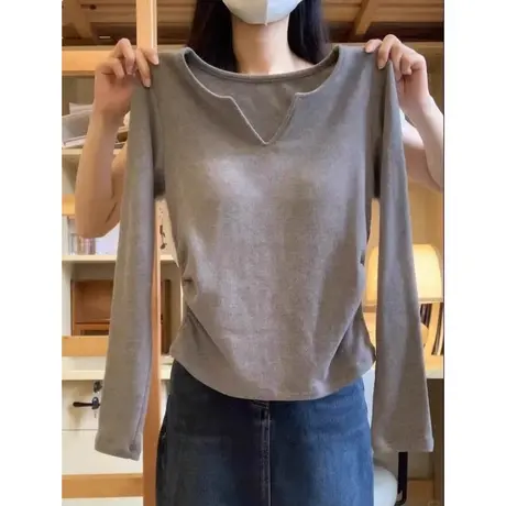 短款德绒保暖V领打底衫女春秋冬韩版修身显瘦小个子内搭长袖T恤商品大图