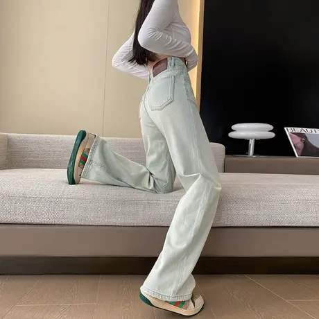 怀旧蓝牛仔裤女春秋新款高腰宽松显瘦拖地小个子窄版阔腿直筒裤子商品大图
