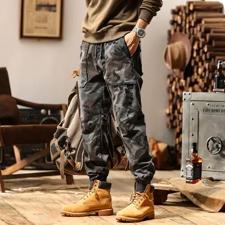 时尚男装潮流男裤子百搭宽松束脚工装裤多口袋迷彩工装裤休闲男款图片