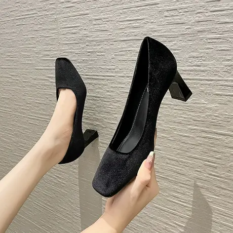 高跟鞋女职业工作鞋2024年新款春秋季小众设计感法式方头粗跟单鞋图片