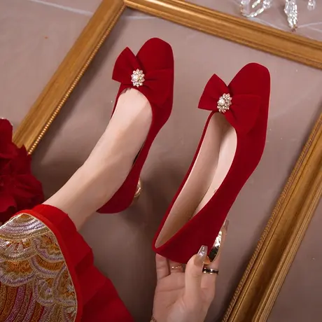低跟婚鞋新娘鞋孕妇结婚鞋女款红色中式敬酒秀禾婚纱两穿单鞋女鞋商品大图