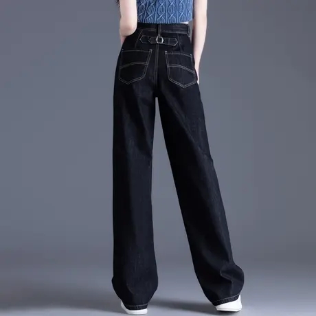 蓝黑色牛仔裤女2024年春秋季新款加绒直筒宽松裤子窄版女士阔腿裤图片