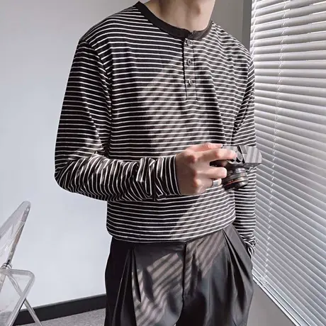 长袖T恤男复古宽松简约ins条纹上衣春季小众设计感套头休闲打底衫商品大图