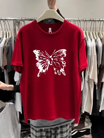 韩版洋气大码胖mm宽松短袖夏季休闲风ins潮纯棉减龄酒红T恤上衣女图片