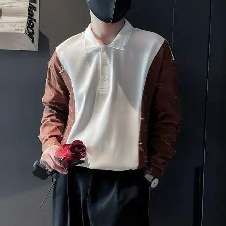 设计感韩版撞色拼接POLO领长袖衬衫男春季轻熟休闲个性衬衫上衣商品大图