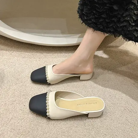 珍珠复古半拖鞋女款2024新款春秋季小众设计感网红外穿粗跟包头拖商品大图