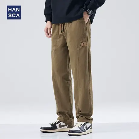 hansca日系潮牌工装休闲裤男士秋季纯色宽松直筒松紧腰阔腿长裤子商品大图