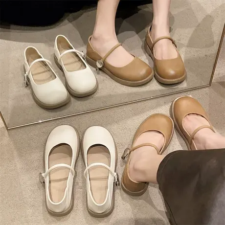 法式圆头玛丽珍鞋女2024年春夏季新款粗跟浅口单鞋配裙子jk小皮鞋商品大图