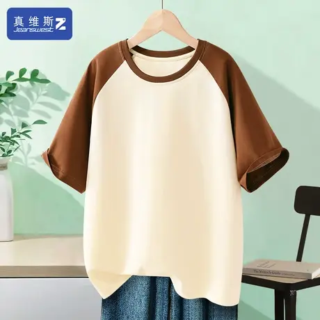 真维斯Z+正肩短袖t恤女插肩袖纯棉打底2024夏季新款美式复古体恤H商品大图