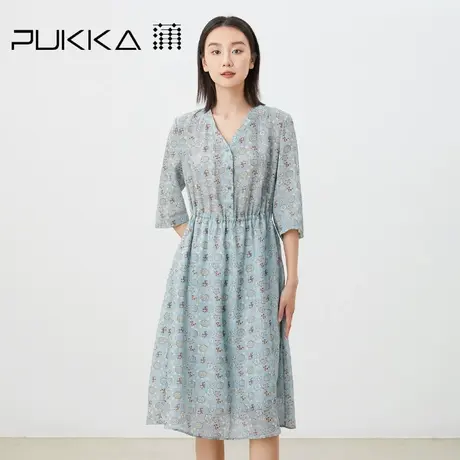 蒲PUKKA原创设计女装夏季新苎麻印花V领显瘦五分袖A型连衣裙商品大图