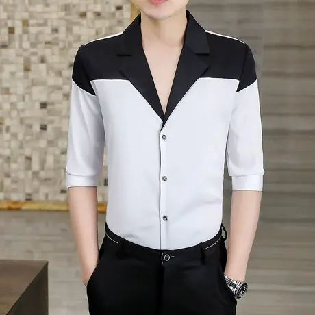 短袖夏季衬衫男士潮流痞帅个性七分袖夏装冰丝古巴领休闲中袖衬衣商品大图