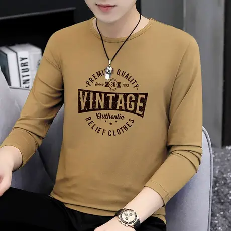 莫代尔棉长袖t恤男士圆领上衣服打底衫潮流内搭印花小衫薄款秋衣商品大图