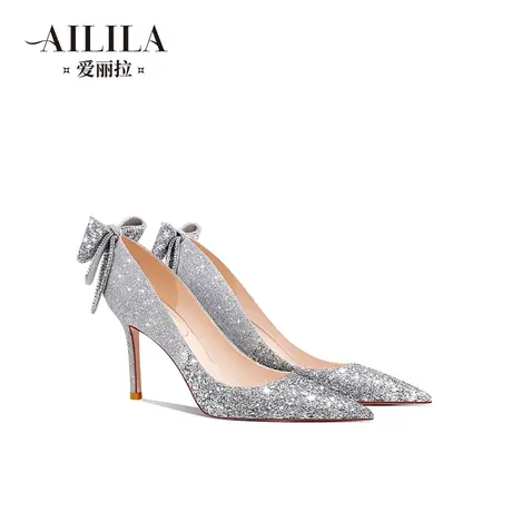 爱丽拉银色法式婚鞋女2023新款蝴蝶结新娘主婚纱高跟鞋小众高级感商品大图