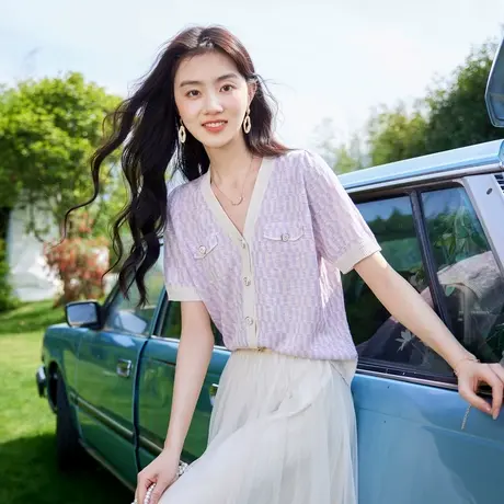 时尚短袖针织衫2023年夏季新款淑女气质温柔V领宽松显瘦百搭上衣商品大图