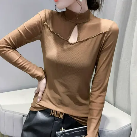 钉珠网纱T恤长袖秋冬性感镂空上衣内搭修身半高领加绒打底衫女士商品大图