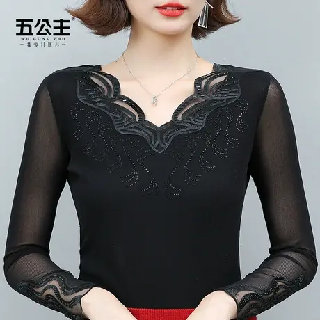 五公主低领蕾丝打底衫新款春秋时尚洋气小衫妈妈显瘦女装网纱上衣图片