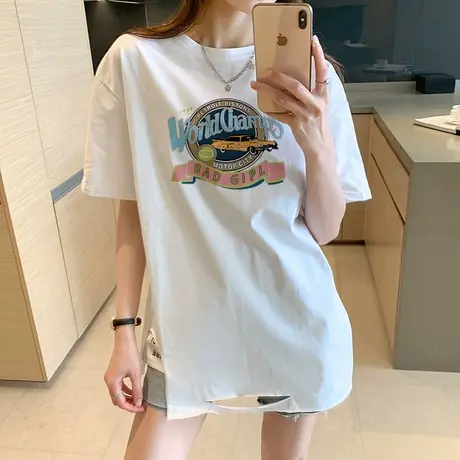 纯棉短袖t恤女2023年夏季新款韩版宽松印花体恤中长款破洞上衣潮商品大图