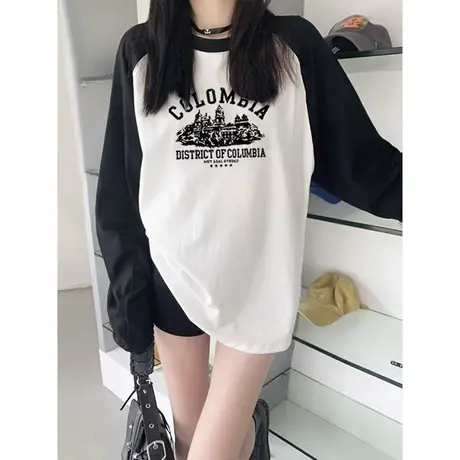 长袖t恤女2023新款秋冬中长款纯棉上衣美式印花撞色插肩打底衫潮商品大图