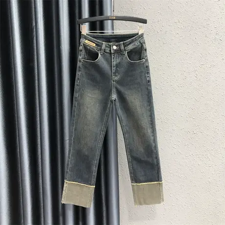 烟管裤女早秋新款小个子百搭休闲直筒裤拼接设计显瘦牛仔九分裤潮商品大图