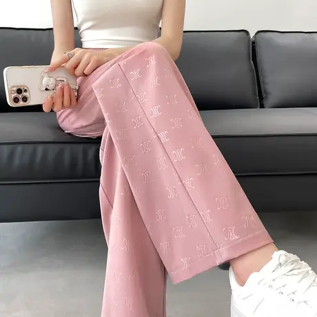 粉色印花醋酸阔腿裤女夏季薄款高腰垂感直筒显瘦冰丝休闲拖地裤子商品大图