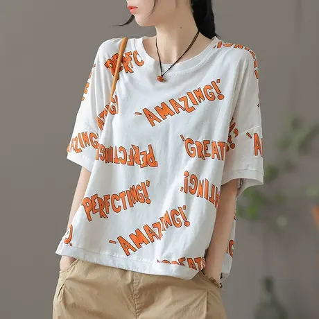 dza复古纯棉宽松t恤女士夏季短袖薄款半袖打底衫外穿显瘦体恤上衣商品大图