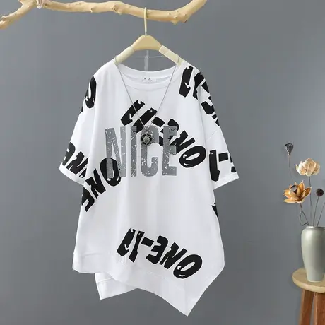 文艺范印花短袖T恤女装不规则下摆半袖打底衫宽松夏季新款上衣服图片