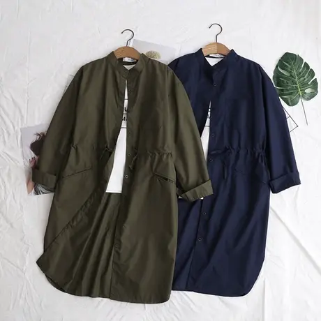 2019春秋新款韩版中长款系带收腰显瘦纯色宽松百搭衬衫女薄款风衣图片
