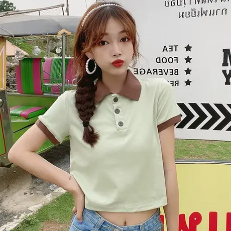 日系polo衫短袖t恤女2020韩版宽松ins原宿风短款高腰露脐上衣夏潮图片