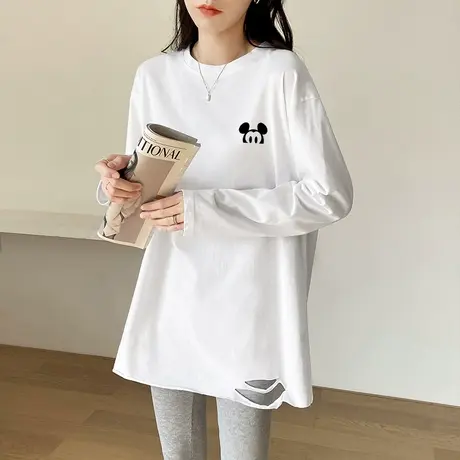 白色长袖t恤女中长款大码打底衫2022年春装韩版宽松纯棉内搭上衣图片