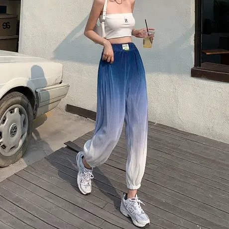夏季2023新款冰丝运动裤女宽松束脚休闲裤百搭渐变防蚊九分哈伦裤商品大图
