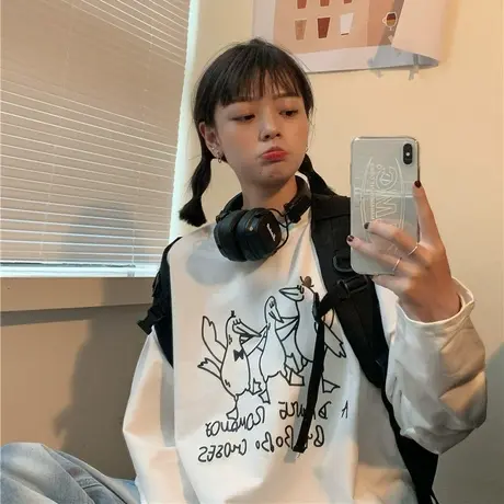 原创设计2023春装新款韩版慵懒风卡通可爱宽松纯棉长袖卫衣女薄款图片