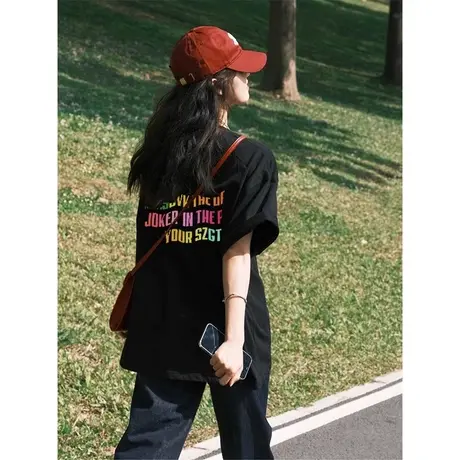 纯棉设计感字母美式复古短袖t恤女夏季新款小众高街宽松半袖上衣商品大图
