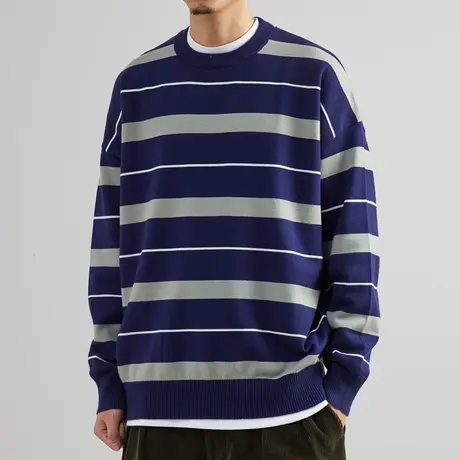 奕飏宽松撞色条纹提花圆领长袖毛衣男2022秋冬新款保暖针织上衣潮图片