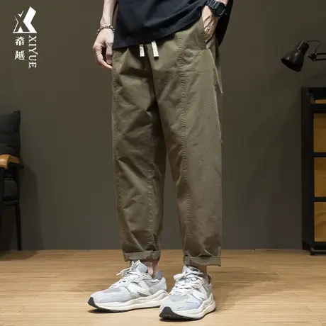 秋季重磅砂洗棉布九分休闲裤男秋冬宽松大码男生日系简约工装裤子图片