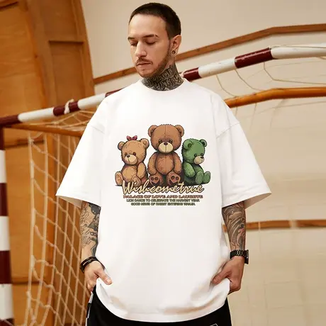 美式街头潮牌小熊重磅短袖男宽松大码加肥加大半袖t恤ins情侣装夏商品大图