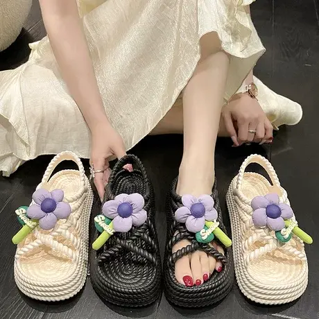 凉鞋女款花朵夏季新款时尚厚底仙女风防滑鞋子可爱外穿软底时装图片