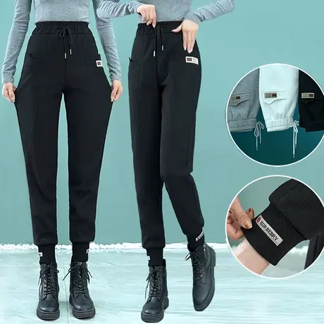 冬季灰色卫裤女春秋2023爆款小个子束脚运动裤加绒休闲哈伦裤子厚商品大图