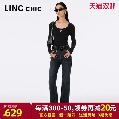LINCCHIC金羽杰直筒牛仔裤女2023年秋季新款灰蓝色高腰宽松长裤商品大图