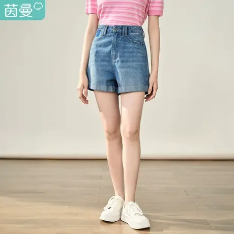 茵曼简约高腰牛仔裤女装2023年夏季新款百搭直筒宽松卷边蓝色短裤商品大图