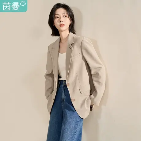 【商场同款】茵曼2023春女装新款复古时尚细格纹正肩修身西装外套图片