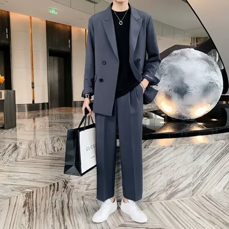 韩版宽松中长款双排扣风衣男网红刺绣小西装外套帅气阔腿裤套装潮商品大图