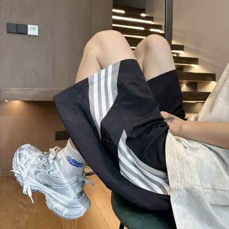 大码美式拼色织带速干短裤男夏季新款运动休闲裤子港风透气直筒裤图片