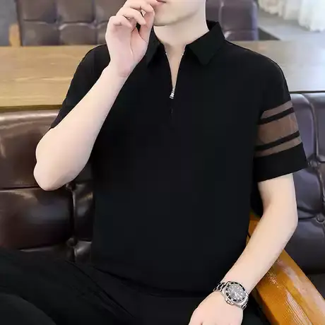 半拉链polo衫男士夏季冰丝短袖t恤男修身上衣青少年高级感体恤衫T商品大图