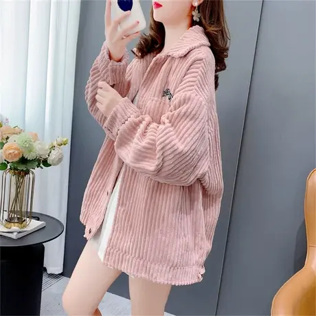 灯芯绒衬衫外套女2023年新款秋冬韩版宽松加厚复古设计感百搭上衣商品大图