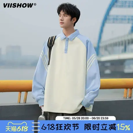 VIISHOW拼色插肩袖polo领卫衣男春季翻领长袖宽松潮流休闲青少年图片