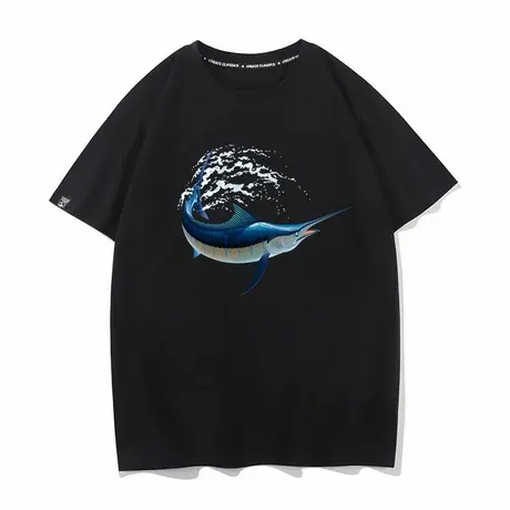 秀洛卡通大鲨鱼夏季纯棉短袖T恤男流行日系情侣装宽松简约上衣服商品大图