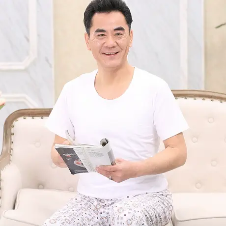 春夏季中年人短袖男T恤中年爸爸装纯全棉色宽松上衣打底汗衫大码商品大图