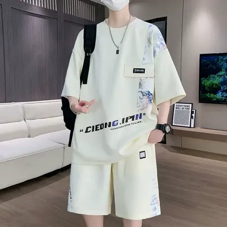 夏季冰丝套装男孩青少年学生国潮风短袖短裤宽松搭配一套衣服潮流商品大图