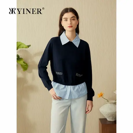 YINER音儿专选2025春季新款丝光羊毛法式钉珠假两件毛针织衫图片